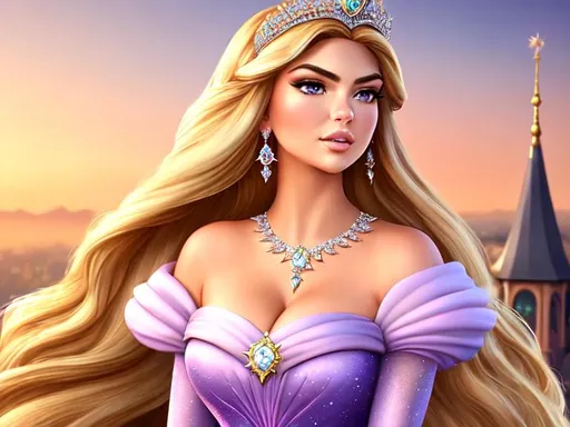 Prompt: a realistic feminine elegant princess Rapunzel, HD, mix of Kate Upton and Emily Ratajkowski, Diamond face, dress