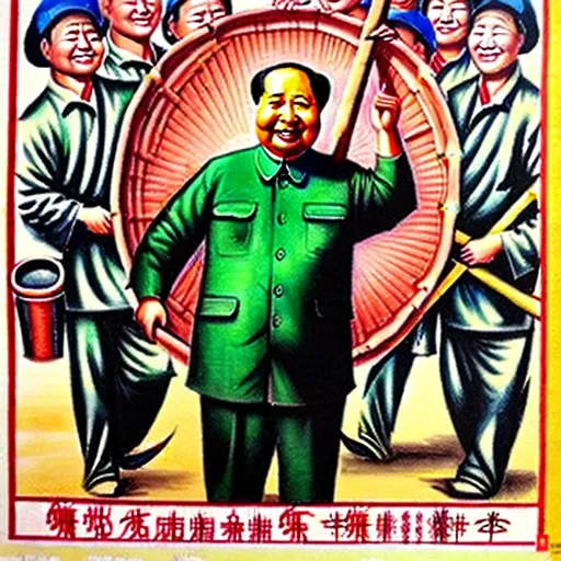 Prompt: 1960s Chinese propaganda poster of a smiling Mao Zedong carrying a horizontal bamboo pole on his shoulder, Mao Zedong is surrounded by workers in conical Chinese hats, the horizontal bamboo pole is holding water buckets, Mao is in a village, highly detailed, highly decorated, masterpiece