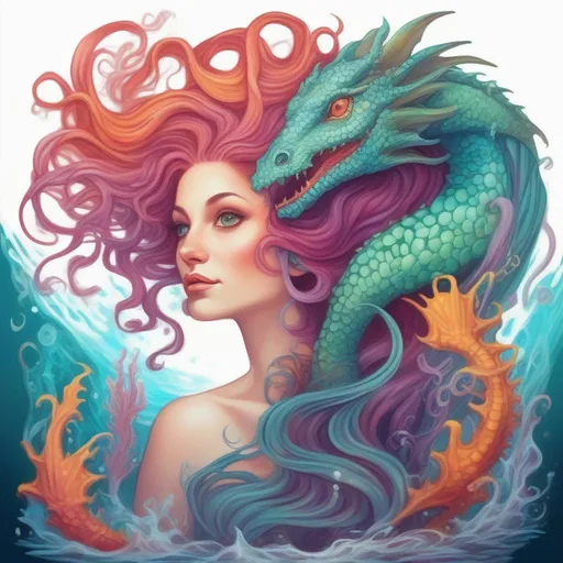 Prompt: A colourful and beautiful Persephone, her hair being made out of magic and tentacles, with a sea-dragon underwater in a painted style