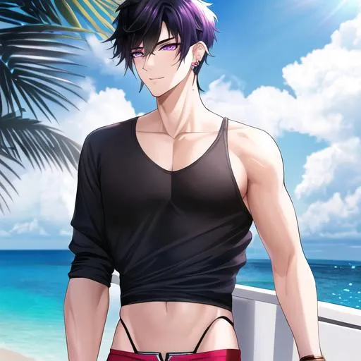 Prompt: Male young adult, 19, (Short black hair falling between the eyes, sharp and sassy purple eyes, and a feminine body), Black piercings, highly detailed face, 8K, Insane detail, best quality, UHD, highschooler, handsome, flirty, wearing swim trunks, shirtless, at the beach, side profile