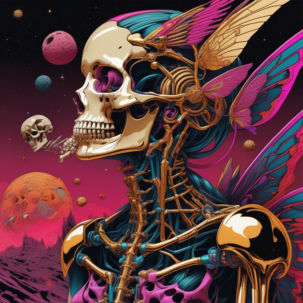 Cyborg space fairy eating human bones Bones blood skull gold cybernetics Science Fiction Re