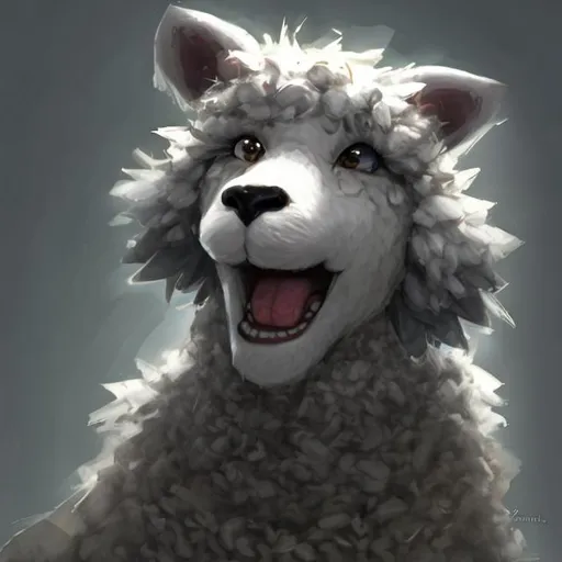 Prompt: Anthro, furry, dog/sheep hybrid species, smiling at camera, female, black hair