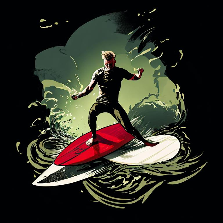 a man doing a chop hop whilst surfing in the style o...
