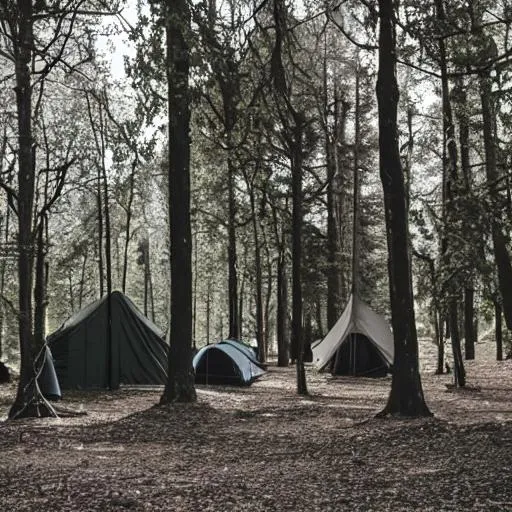 Prompt: a dark camp with trees on all sides

