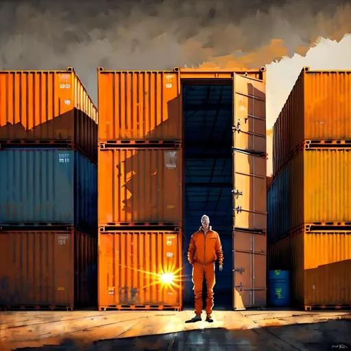 Prompt: A mid-distance shot of Dennis standing in front of a large stack of 40ft high cube double doors containers in a depot, with the sun setting behind him in an orange hue. The focus should be on Dennis, while emphasizing the scale and precision of ADR8 USA's products. The image should have a warm atmosphere to evoke feelings of trust and reliability.