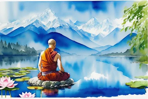 Prompt: watercolor painting of a Buddhist Monk sitting on a Lotus flower, meditating on a serene lake, mountains in the background, centered, hyper detailed,