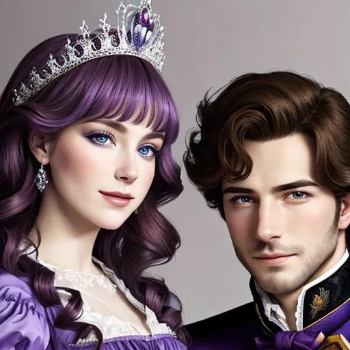 Prompt: European prince and princess wearing purple, facial closeup