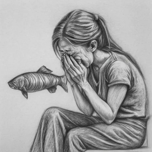 Prompt: A pencil drawing of a crying woman sitting on a bench holding a fish.