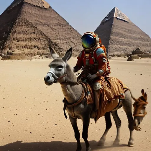 Prompt: Astronot riding a donkey next to the pyramids 