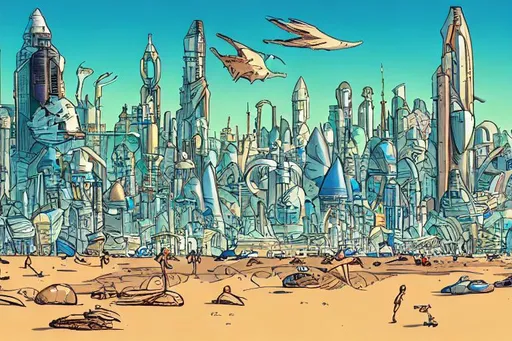 Prompt: Sci Fi beach scene with city in background in the style of moebius 
