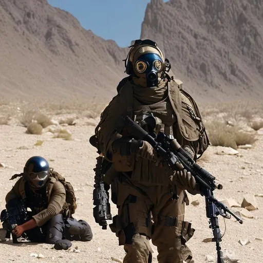 A Sniper In A Camouflage Suit Poncho And Gas Mask With A Sniper