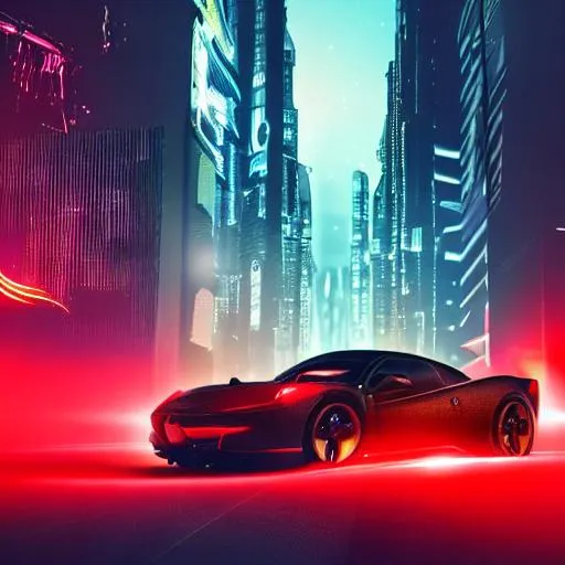 Prompt: Cyberpunk background,black and red striped ferrari,light reflecting off,lazers all around,side angle