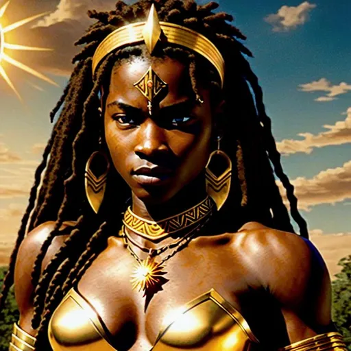 Prompt: (Hyperrealistic movie poster of "Sun bringer")
Ebonian warrior princess. Strong willed, determined, beautiful, scarred, charismatic.
Golden necklace, golden headband. Light armor. Tribal. Spear. #Marabeth