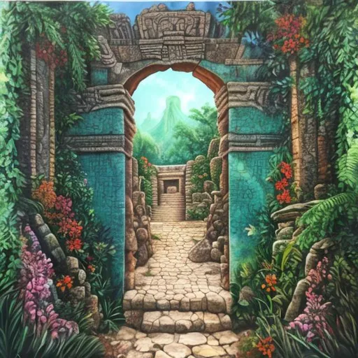 Prompt: A painting of Mayan stone portal into a secret flower garden 