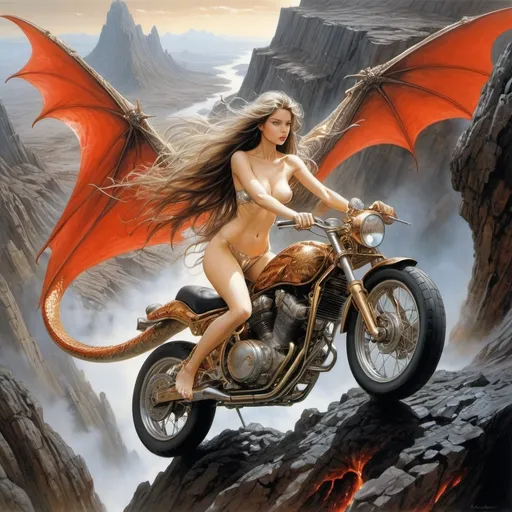 Prompt: Hajime Sorayama, Luis Royo, Surrealism Mysterious strange fantasy. A beautiful girl with long brown hair, a light transparent cape and a perfectly voluminous body. Flies over the mountains while riding a golden dragon.  Rocky terrain.  Streams of lava flow through cracks in the rocks, the sky is red from a volcanic eruption, whitish smoke and an oppressive atmosphere. detailed masterpiece