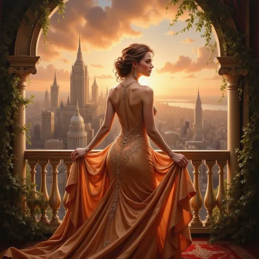 Prompt: A woman in a flowing gold dress, standing gracefully on an elegant balcony, overlooking a sprawling cityscape bathed in the warm glow of the sunset. The skyline reveals towering buildings and twinkling lights, evoking a sense of serenity and grandeur. Lush greenery frames the balcony, enhancing the romantic ambiance. The scene is captured in ultra-detailed, cinematic quality, exuding sophistication and beauty.