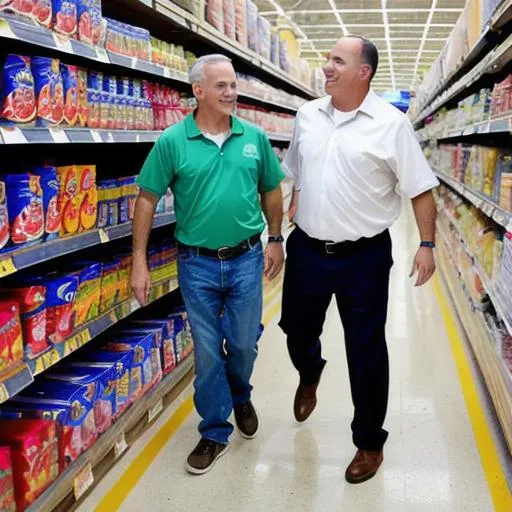 Prompt: Joe Besin and Joe Ragone dancing in Walmart on the shelf's 