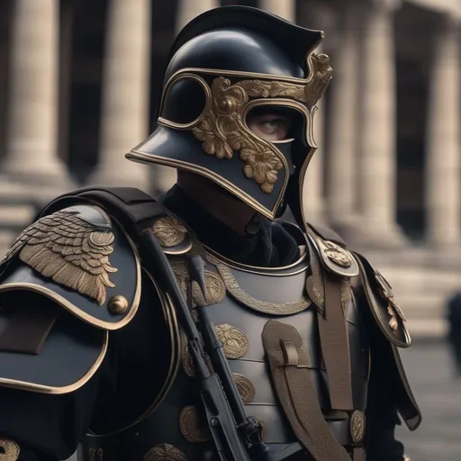 Prompt: A modern roman military male in black military armor galea helmet of roman armor, with a gunfire and gas mask, background Battle in London, UK, Hyperrealistic, sharp focus, Professional, UHD, HDR, 8K, Render, electronic, dramatic, vivid, pressure, stress, nervous vibe, loud, tension, traumatic, dark, cataclysmic, violent, fighting, Epic