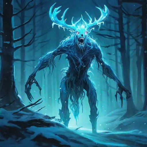 Prompt: A fantasy translucent wendigo that is glowing, screaming, frozen in a winter wood, beneath the stars, bioluminescent, highres, best quality, concept art