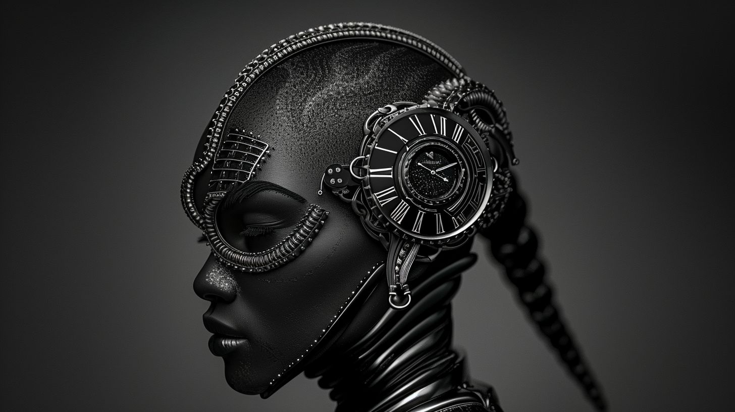 Prompt: london artist hsinalu scifi clock, in the style of fashion photography, dark silver and silver, canon eos 5d mark iv, body art, aggressive digital illustration, blink-and-you-miss-it detail, back button focus