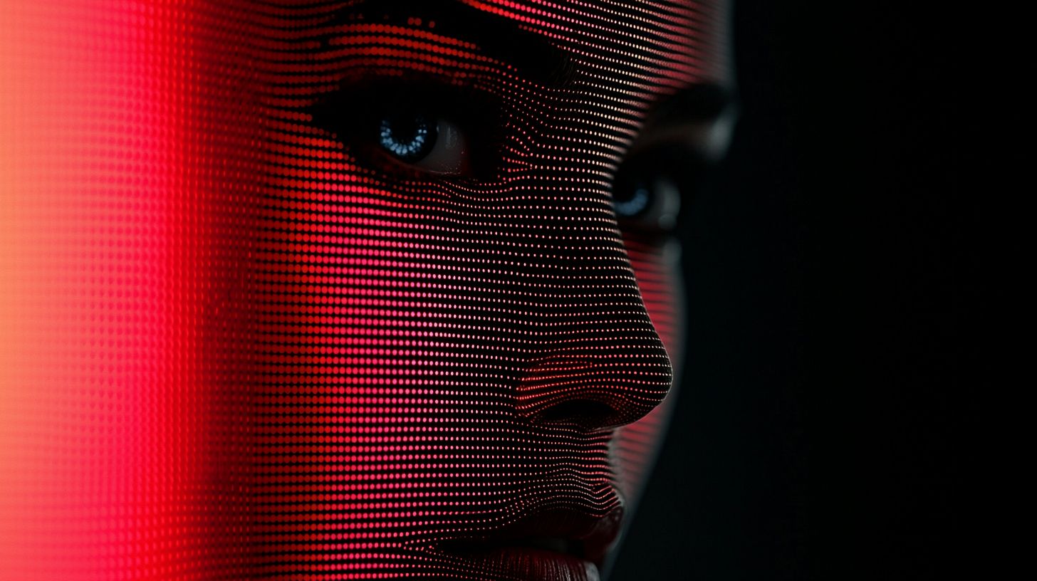 Prompt: 3d female face emerge from the digital dot matrix with variable colors