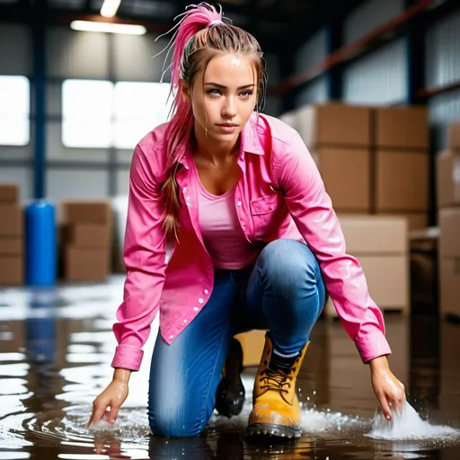 photo of young woman, soaking wet clothes, Work boot...