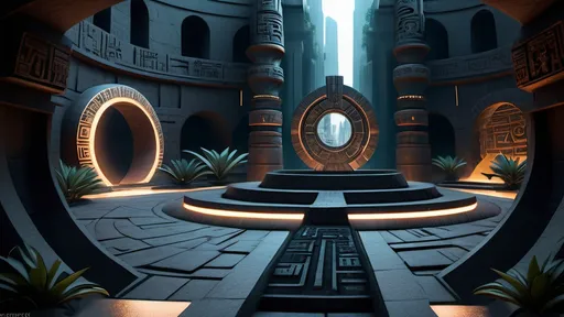 Prompt: magical portal between cities realms worlds kingdoms, circular portal, ring standing on edge, upright ring, unconnected ring, ring by itself, freestanding ring, ring touching ground, hieroglyphs on ring, complete ring, ancient aztec architecture, turned sideways view, futuristic cyberpunk tech-noir setting