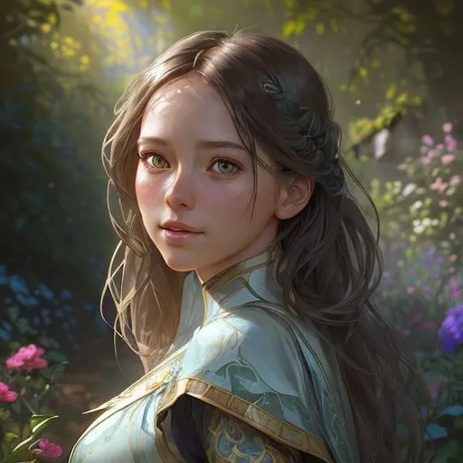 Prompt: A beautiful girl walk in the garden by the cabin. There is light shing one her face and eyes are bright like diamond, concept art, portrait, 8k, head and shoulders portrait, 8k resolution concept art portrait by Greg Rutkowski, Artgerm, WLOP, Alphonse Mucha dynamic lighting hyperdetailed intricately detailed Splash art trending on Artstation triadic colors Unreal Engine 5 volumetric lighting