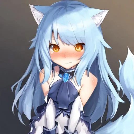 Prompt: cute wolfgirl, shy, small, blue
