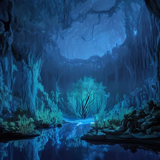 Prompt: Underground cave, bioluminescent water, angel, trees,   