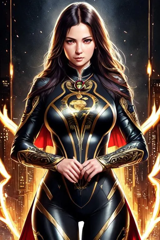 Prompt: Poster art, high-quality high-detail highly-detailed breathtaking hero ((by Aleksi Briclot and Stanley Artgerm Lau)) - ((a therapist )), female, black suit ,full body, black dress , wearing Gucci suit, 8k,  full form, down town setting, has highly detailed Gucci suit, full form, epic, 8k HD, ice, sharp focus, ultra realistic clarity. Hyper realistic, Detailed face, portrait, realistic, close to perfection, more black in the armour, more ice
wearing blue and black cape, wearing carbon black cloak with yellow, full body, high quality cell shaded illustration, ((full body)), dynamic pose, perfect anatomy, centered, freedom, soul, Black short hair, approach to perfection, cell shading, 8k , cinematic dramatic atmosphere, watercolor painting, global illumination, detailed and intricate environment, artstation, concept art, fluid and sharp focus, volumetric lighting, cinematic lighting, 
