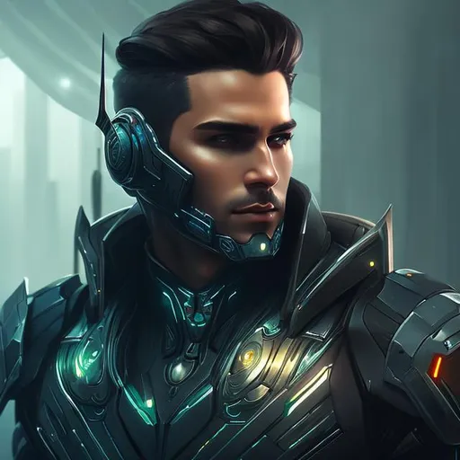 Prompt: Handsome man, fantasy art style, painting, futuristic, dystopian, robotic, biological mechanical 
