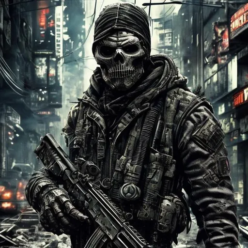 Prompt: Gritty Todd McFarlane style Homelander, all black camo. Full body. Imperfect, Gritty, futuristic army-trained villain. Bloody. Hurt. Damaged. Accurate. realistic. evil eyes. Slow exposure. Detailed. Dirty. Dark and gritty. Post-apocalyptic Neo Tokyo .Futuristic. Shadows. Sinister. Armed. Fanatic. Intense. 