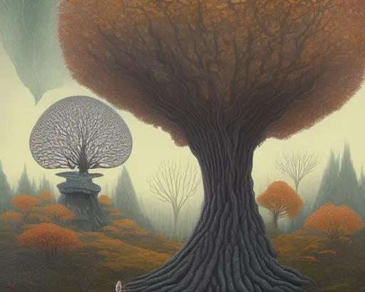 Prompt: ART DECO AUTUMN TREES, falling leaves, birds, hills, wind, clouds, castle, AURIKA PILIPONIENE IRA KENNEDY MARCI MCDONALD HOLAKANOLA MARIA SERAFINA DEBBIE CRISWELL victo ngai henri rousseau vladimir kush Arief Putra Anita Inverarity Alenka Sottler Itzchak Tarkay remedios varo