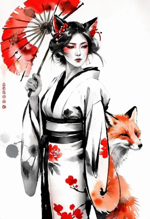 Prompt: full figure beautiful Japanese woman with red fox ears and red fox tail, wearing a kimono