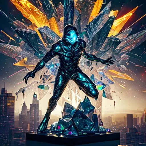 Prompt: a glass statue of masked Alien exploding through a crystal building, scattered shards and debris, ultra detailed, hyper-realistic, cinematic, dramatic lighting, volumetric lighting, cosmic energy, neon ambience --ar 2:3