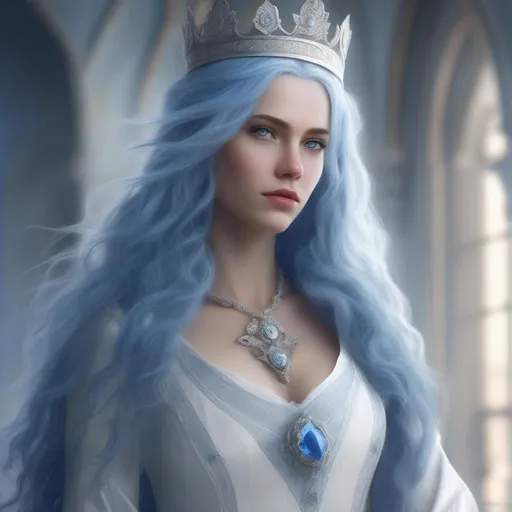 Prompt: female, realistic, long blue hair, blue eyes, thrown room, daytime, white colors, queen, royal, elegant outfit, ice themed, medieval, high definition, professional