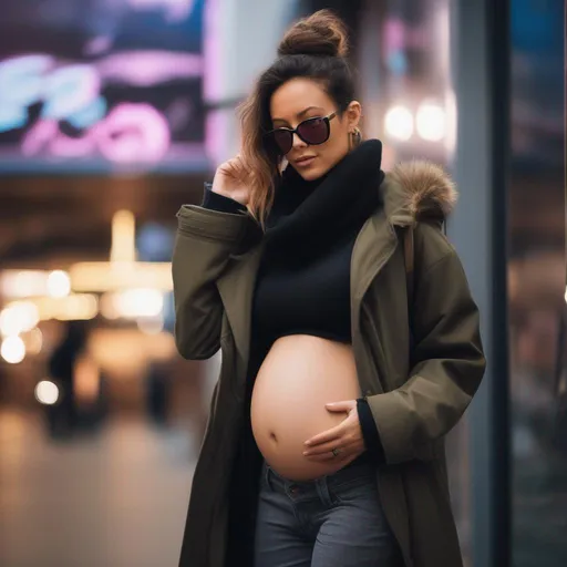 Prompt: pregnant woman, well endowed, bare midriff, coat, navel, cyberpunk, glasses, photography,