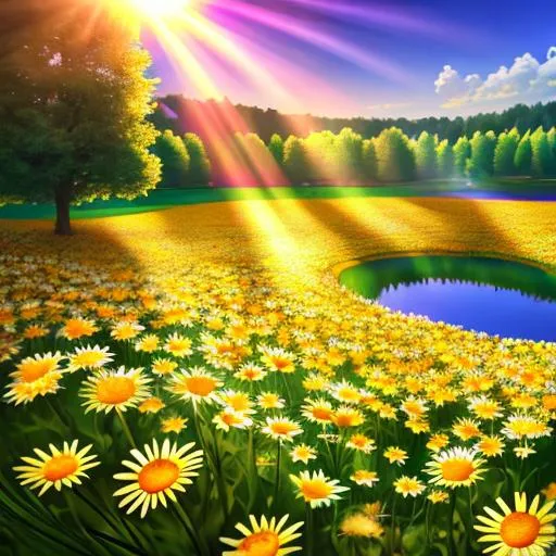 Prompt: Sun rays shining down over a field of multicolored flowers around a Lake, Vivid Colors, hyperdetailed, photorealistic, Beautiful Details, intricate Details, Colorful, Film Quality, 3D, 64K resolution, Dynamic Lighting, Sun Spot, Detailed Flower Peddles. daisies in the forefront