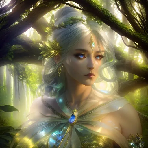 Prompt: 3D HD dramatic cinematic lighting [({one}{(Beautiful benevolent {goddess}female liquid}, expansive magical forest background, hyper realistic, 8K --s98500