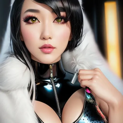 Prompt: Asian Kpop idol woman in a leather outfit sitting in a chair with a glass of wine, heavy metal comic cover art, photorealistic anime, shoulder-length black hair, character art closeup, in this painting, venomize, feral languid woman, fubuki, anthropomorphic female cat, full color manga cover, gogo : :