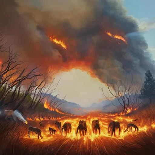 Prompt: A painting showcasing wildfire and animals running out of it
