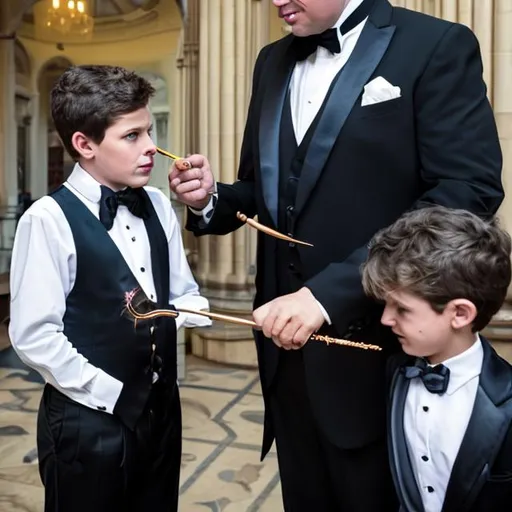 Prompt: Magician in a tuxedo casting a spell on a young boy with his magic wand