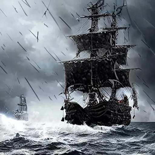 Prompt: epic black pirate ship in a storm