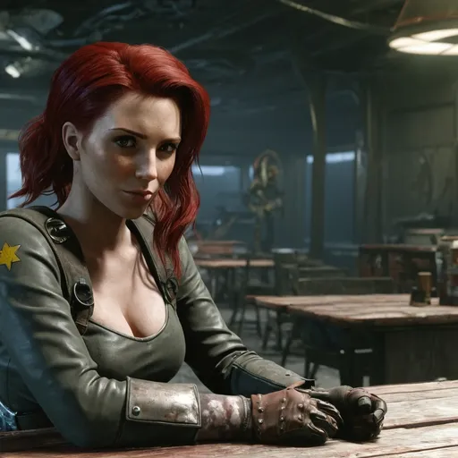 Prompt: Woman with redhair on table in fallout universe