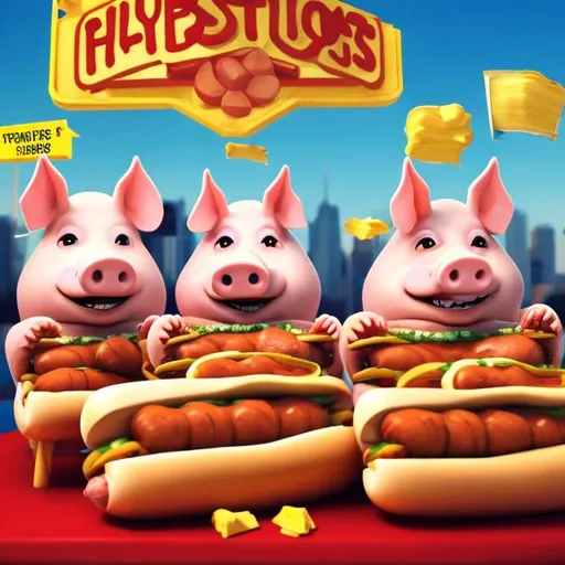 Prompt: three pigs sharing a hotdog,surreal,hyperealistic,happy,forceful dusposition