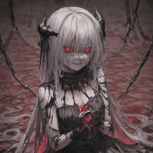 Prompt: bloody, evil, sad, mad, smiling,
black, devil, melting, magic, one thing. chains, ripped clothing, (girl), blood, ((holding a realisic human heart)), people screeming in background, red eyes ,beautiful black dress, crown, evil, (((BLOODY))) , gore,