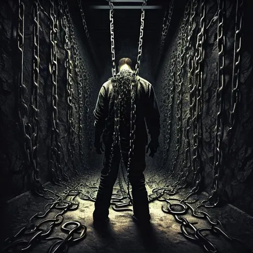 Prompt: 8k resolution concept art digital art hyperdetailed ominous mysterious sinister horror polished complex black metal album cover a man with depressed suicidal social anxiety locked up in the room with chains hanging from the ceiling 