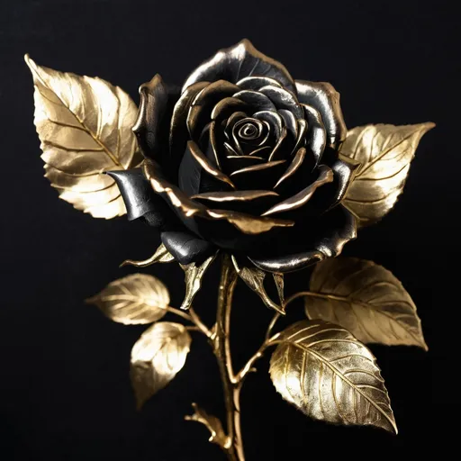 Prompt: a black rose with gold leaves on a black background with a black background and a gold rose with a black background, Ann Thetis Blacker, gothic art, dark art, a bronze sculpture