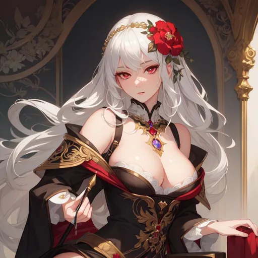 Prompt: Masterpiece, illustration, best quality:1.2), 1girl, solo, white hair, dignfied, finely detailed, detailed face, toned face, beautiful detailed eyes, beautiful detailed shading, beautifully detailed background, ruby red eyes, flowers everywhere, flower inspired,